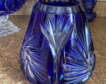 Vintage Heavy Bohemian Cobalt Blue Vase, Cut to clear crystal vase, Pinwheel pattern cut glass vase, cobalt glass,collectible crystal glass