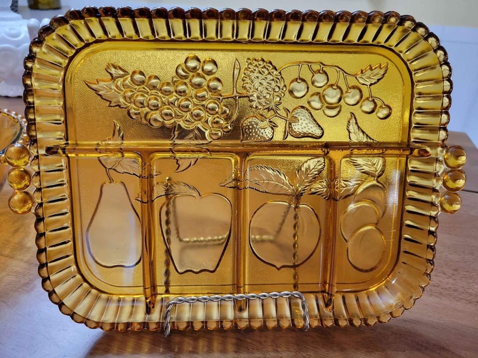 Vintage 1970  Indiana Amber Carnival Glass / Platter Divided Tray, Fruit Pattern