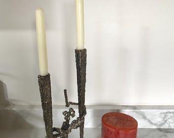 Mid-Century Brutalist Metal Candlestick, Italian 1960s Sculpture