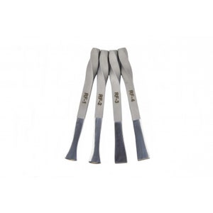 May include: A set of four silver-colored metal tools with twisted handles and flat, flared tips. Each tool is engraved with a unique identifier: RF-1, RF-2, RF-3, and RF-4. The tools are arranged in a fan-like formation against a plain white background.
