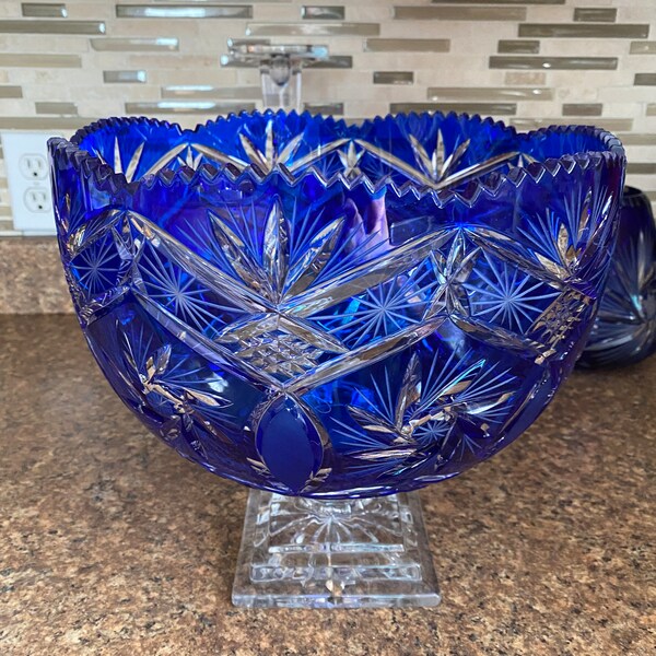 Rare Find Vintage  Heavy Large Bohemian Blue Cut Clear Crystal Pedestal Base Bowl, Pinwheel Design, a Polished Sawtooth Rim