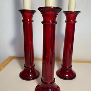 Three Vintage Indiana Glass Co Ruby Red Flash Candlestick Holders