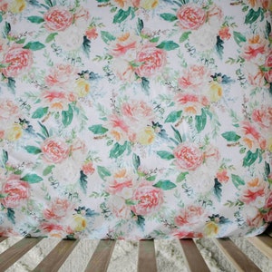 Crib Sheet Fitted Cotton Sheet Pink Watercolor Floral      Baby Girl Bedding Peonies Roses Eucalyptus Nursery  Bedding Baby  Sheet
