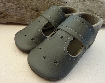 Lederpuschen Sommer, Babysandalen, Sommerschuhe, Krabbelschuhe Sommer, Krabbelschuhe, Dunkelgrau