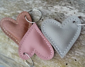 Key ring heart, leather heart, antique pink, Cocnac antique, silver grey