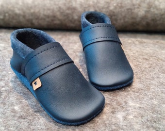 Crawling shoes, leather slippers, crawling slippers, plain, navy blue