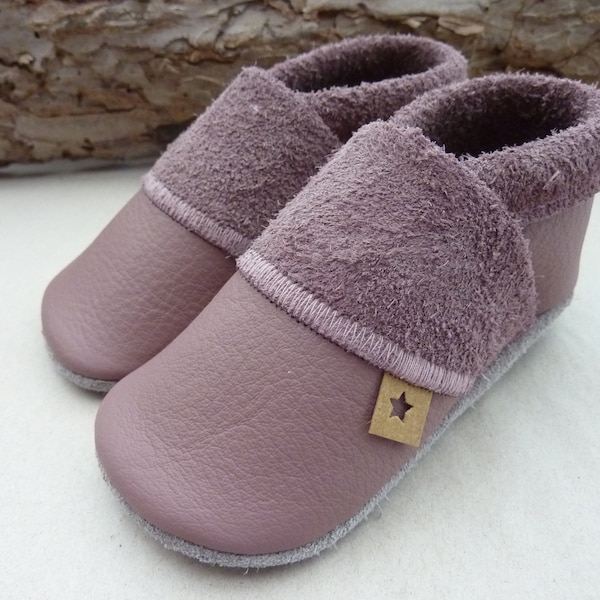 Altrosa,Krabbelschuhe,Lederpuschen Baby, Krabbelpuschen aus Rindsleder, Lederpuschen schlicht,Pumi-Puschen, Pumipuschen