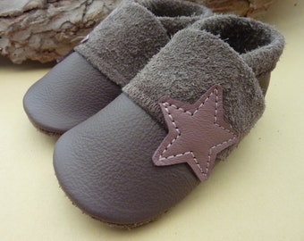 Crawling shoes, leather slippers, crawling slippers, star, leather slippers with star, rosewood, old pink, pink, stars