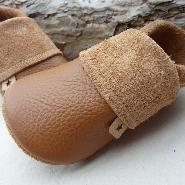 Krabbelschuhe,Lederpuschen,Krabbelpuschen aus Rindsleder, Lederpuschen schlicht, Cognac,Braun, Pumi-Puschen, Pumipuschen