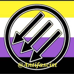 May include: A black and white flag with three arrows pointing to the left in a circle. The flag has four horizontal stripes: yellow, white, purple, and black. The text "@Antifascist" is at the bottom of the flag.