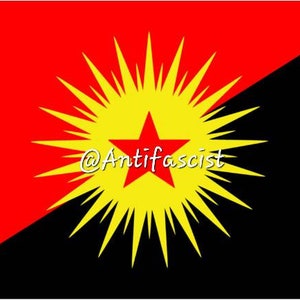 May include: A black and red flag with a yellow sunburst and a red star in the center. The text "@Antifafascist" is written below the star.