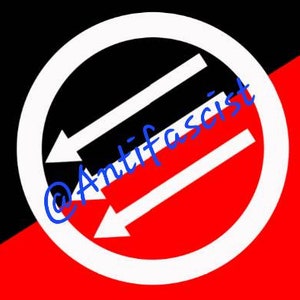 May include: A black and red flag with a white circle containing three white arrows pointing to the left. The text "@Anti-fascist" is written in blue on the flag.