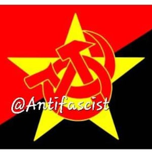 May include: A flag with a red and black diagonal split. A yellow star is centered, with a red hammer and sickle overlay. The text "@Antifascist" is written in white cursive below the star.