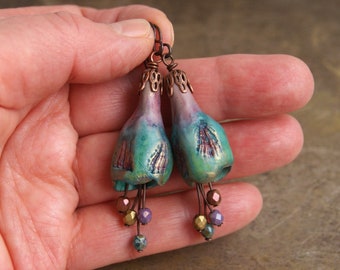 Bell earrings with Czech glass beads, handmade polymer clay bells, niobium ear hooks