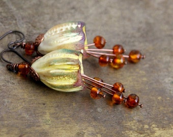 Earrings with handmade porcelain bells and amber, niobium ear hooks