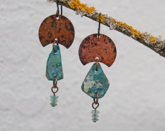 Wabi Sabi earrings with ancient Roman glass and patinated copper pendants, niobium ear hooks