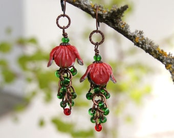 Porcelain earrings, handmade porcelain flowers and glass beads, copper leverbacks, copper earrings