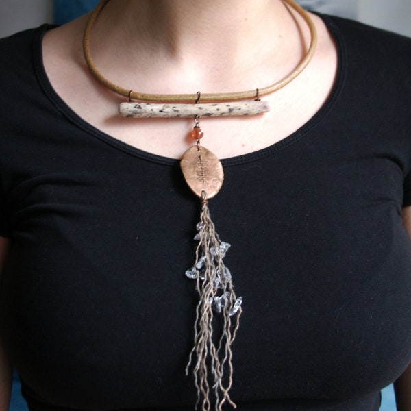 Necklace with handmade porcelain pendant, driftwood, sunstone, rock crystal and hemp on leather cord, tree symbol, talisman