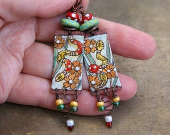 Enamel earrings, handmade enamel pendants, handmade lampwork glass beads, snake earrings, copper earrings