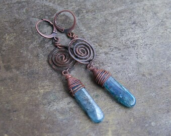 Kyanite earrings with handmade copper spirals, copper leverbacks