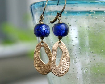 Bronze earrings with Basha Beads, handmade textured bronze pendants, lampwork glass beads, bronze leverbacks