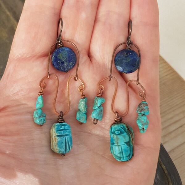 Scarab earrings, old scarabs, lapis lazuli and turquoise, copper earrings, niobium ear hooks