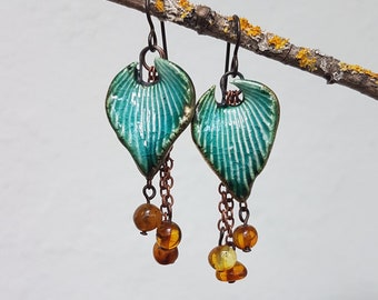 Sea waves, amber and ceramic earrings, handmade ceramic pendants, niobium ear hooks