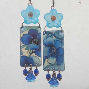 Blue flower enamel earrings, handmade enamel pendants, old Czech glass flowers, glass beads, long earrings, copper earrings