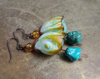 Porcelain and turquoise earrings, handmade porcelain bells, amber, niobium ear hooks