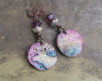 Ceramic earrings, handmade ceramic pendants, forest earrings, copper leverbacks