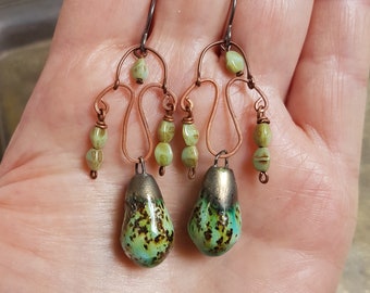 Ceramic drop earrings, handmade ceramic, Czech glass beads, copper earrings, niobium ear hooks
