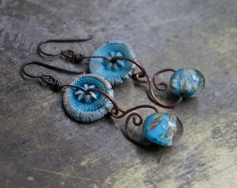 Ceramic and lampwork earrings, handmade ceramics, handmade lampwork glass beads, copper earrings, niobium ear hooks