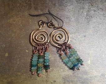 Roman glass earrings, antique Roman glass beads, hammered bronze spirals, niobium ear hooks