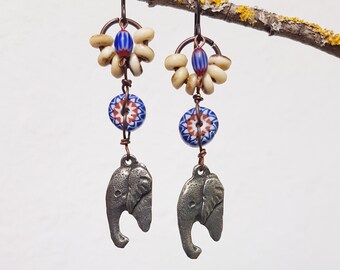 Tribal earrings, handmade pewter pendants, chevron beads, bone beads, elephant earrings, assemblage earrings, niobium ear hooks