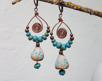 Ceramic earrings, handmade ceramic bells, glass beads, copper earrings, copper leverbacks