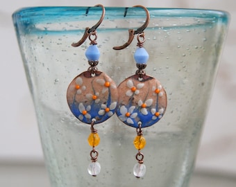 Flower enamel earrings, handmade enamel charms and glass beads, copper leverbacks