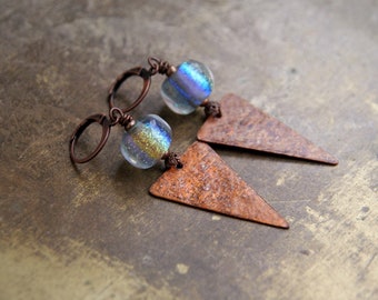 Lampwork and copper earrings, handmade copper pendants, iridescent lampwork glass beads, dichroic glass beads, copper leverbacks