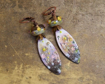 Enamel and lampwork earrings, handmade enamel pendants, handmade lampwork glass beads, copper leverbacks