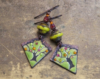 Enamel earrings, handmade enamel pendants and Czech glass beads, niobium ear hooks