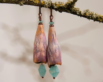 Wabi Sabi earrings with handmade ceramic bells and ancient Roman glass, niobium ear hooks