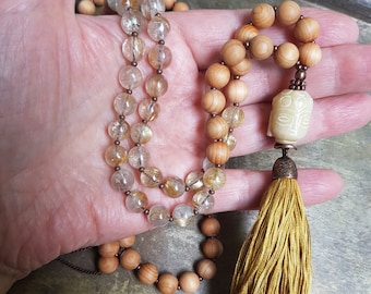 Mala golden rutilated quartz, sandalwood, carved jade Buddha pearl, handmade silk tassel, long gemstone necklace, 108 pearls mala
