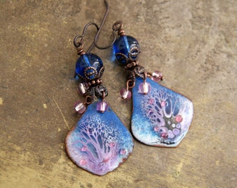 Earrings with handmade enamel pendants and glass beads, niobium ear hooks