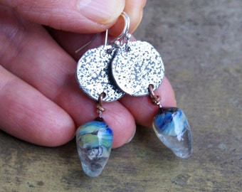 Sterling silver earrings with handmade lampwork headpins and handmade silver charms, 925 silver ear hooks, silver earrings