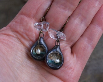 Shell and pearl, unusual earrings with handmade ceramics, freshwater pearls and rock crystal