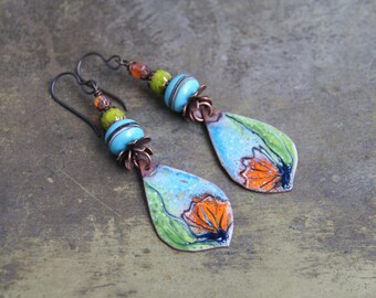 Flower earrings with handmade enamel pendants and handmade lampwork glass beads