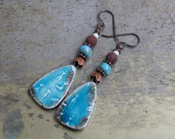 Tribal earrings with handmade ceramics, lava beads and Czech glass beads, niobium ear hooks