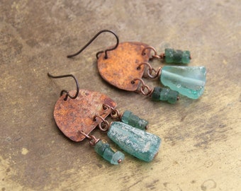 Wabi Sabi earrings with ancient Roman glass and handmade copper pendants, niobium ear hooks