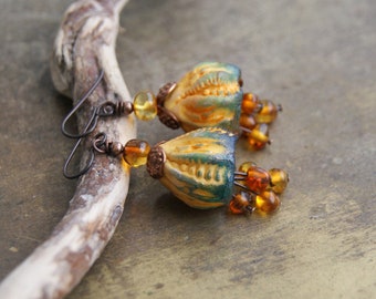 Porcelain earrings with amber, handmade porcelain bells, amber earrings, niobium ear hooks