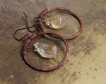 Natural citrine crystals in hand-forged creoles, copper earrings, niobium ear hooks