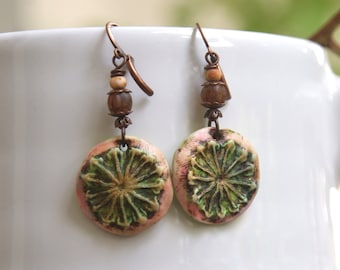 Poppy pods, earrings with handmade polymer clay pendants and Czech glass beads, copper leverbacks